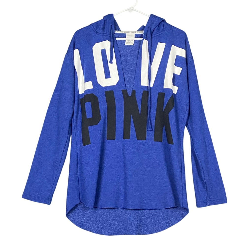 Victoria's Secret PINK Blue M LOVE PINK Graphic Hoodie Deep‎ V Neck Long Sleeve
